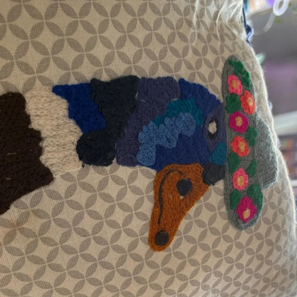 Karma Living hooked Decorative Duck Pillow with Blue Pom Poms! NWT